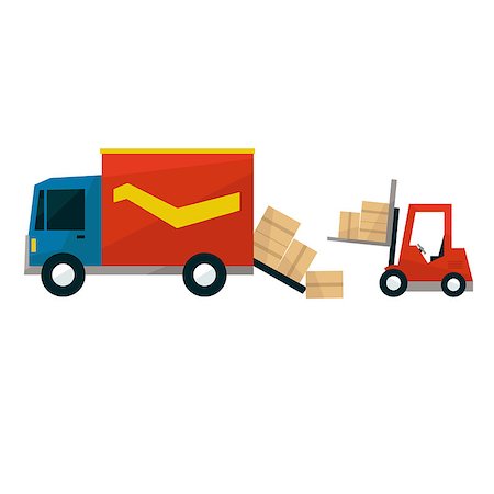 falling with box - Boxes Falling Out From Cargo Truck And Forklift Machine Simplified Flat Vector Design Colorful Illustration On White Background Stock Photo - Budget Royalty-Free & Subscription, Code: 400-08651126