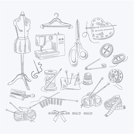 simsearch:400-06851035,k - Tailor Shop Equipment Set Hand Drawn Artistic Vector Illustration In Sketch Style On White Background Stock Photo - Budget Royalty-Free & Subscription, Code: 400-08651496