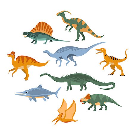 simsearch:400-05375985,k - Jurassic Period Dinosaurs Set Flat Simplified Cartoon Style Bright Color Vector Illustration On White Background Fotografie stock - Microstock e Abbonamento, Codice: 400-08651583