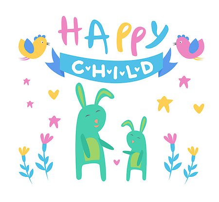 simsearch:400-08654218,k - Happy Child Backdrop Illustration With Rabbits Mother And Baby In Cute Childish Flat Vector Design On White Background Photographie de stock - Aubaine LD & Abonnement, Code: 400-08651593
