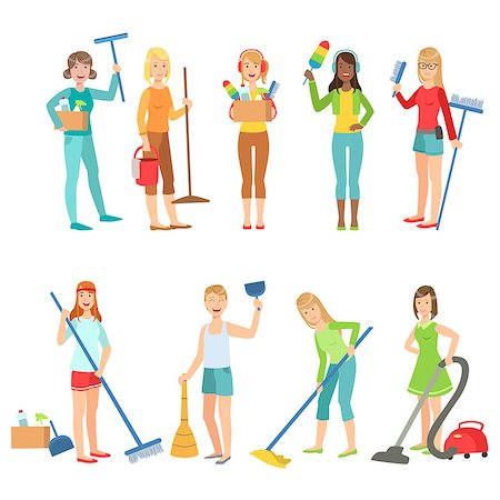 simsearch:400-07053921,k - Adult People Cleaning Up Indoors Set Of Simple Cartoon Flat Vector Colorful Characters On White Background Photographie de stock - Aubaine LD & Abonnement, Code: 400-08651606