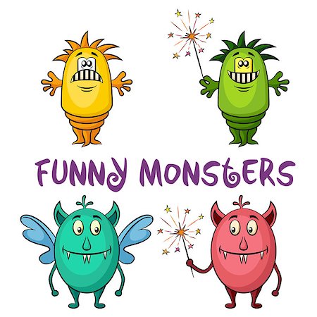 ears on fire images - Set of Cute Different Cartoon Monsters, Colorful Characters with Sparklers, Elements for your Design, Prints and Banners, Isolated on White Background. Vector Stock Photo - Budget Royalty-Free & Subscription, Code: 400-08651637
