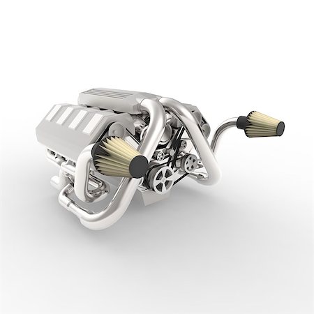 Brilliant large automotive V8 engine with a turbocharger. 3d rendering Stock Photo - Budget Royalty-Free & Subscription, Code: 400-08651656