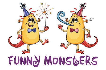 fire tail illustration - Set of Cute Cartoon Monsters, Colorful Characters with Sparkler and Festive Fife, Elements for your Party Holiday Design, Prints and Banners, Isolated on White Background. Vector Stock Photo - Budget Royalty-Free & Subscription, Code: 400-08651725