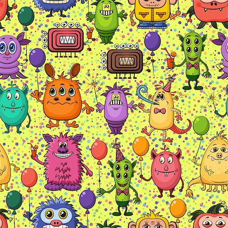 simsearch:400-08752377,k - Seamless Background for Your Holiday Party Design with Different Cartoon Monsters, Colorful Tile Pattern with Cute Funny Characters, Feasting with Balloons, Sparklers and Cocktails. Vector Stockbilder - Microstock & Abonnement, Bildnummer: 400-08651789