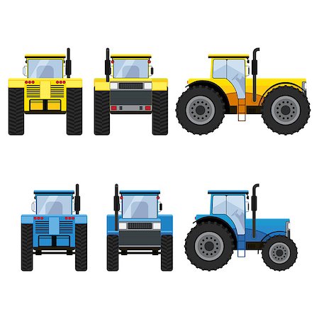 Yellow and blue tractors with big wheels isolated on the white background. Front, rear and side views. Also available as a Vector in Adobe illustrator EPS 10 format. Stock Photo - Budget Royalty-Free & Subscription, Code: 400-08651851