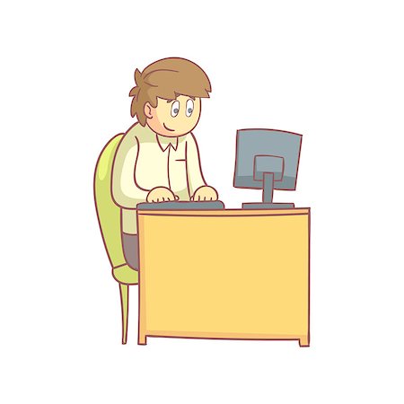 Office Worker Behind The Desk Flat Outlined Pale Color Funny Hand Drawn Vector Illustration Isolated On White Background Stock Photo - Budget Royalty-Free & Subscription, Code: 400-08651897