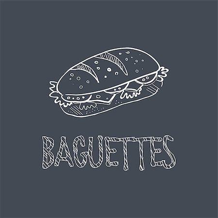 Baguette Sketch Style Chalk On Blackboard Menu Item Vector Illustration Hand Drawn On Dark Background Stock Photo - Budget Royalty-Free & Subscription, Code: 400-08651907