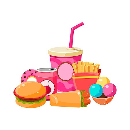 simsearch:400-08554549,k - Fast Food Collection Colorful Illustration. Junk Food Vector Drawing In Cartoon Style. Bright Color Fast Food Lunch Illustration. Fotografie stock - Microstock e Abbonamento, Codice: 400-08651933