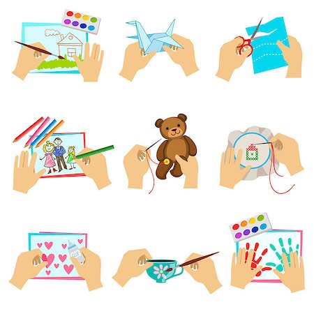 Hands Doing Different Crafts Set Of Bright Color Isolated Vector Drawings In Simple Cartoon Design On White Background Foto de stock - Super Valor sin royalties y Suscripción, Código: 400-08651986