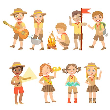 Kids Scouts Hiking Set Of Cute Big-eyed Characters Flat Vector Isolated Illustrations On White Background Stock Photo - Budget Royalty-Free & Subscription, Code: 400-08651999