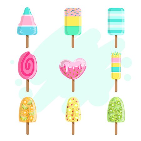 Ice Creams On Stick Collection Of Bright Color Isolated Vector Drawings In Simple Cartoon Design On White Background Stock Photo - Budget Royalty-Free & Subscription, Code: 400-08652004