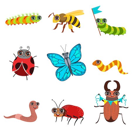 Insect Cartoon Images Set In Cute Girly Style Flat Isolated Icons On White Background Stock Photo - Budget Royalty-Free & Subscription, Code: 400-08652002