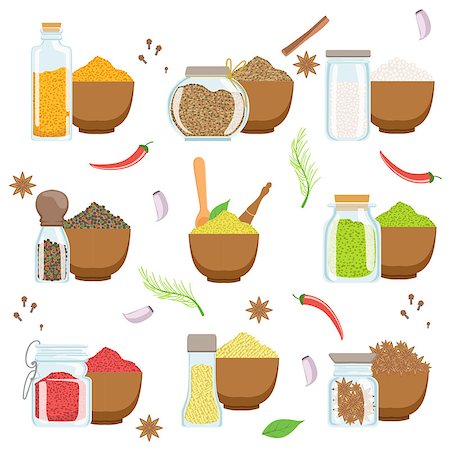 spices vector - Spices In A Bowl And Glass Container Set Flat Simplified Cartoon Style Bright Color Vector Illustration On White Background Stock Photo - Budget Royalty-Free & Subscription, Code: 400-08652056