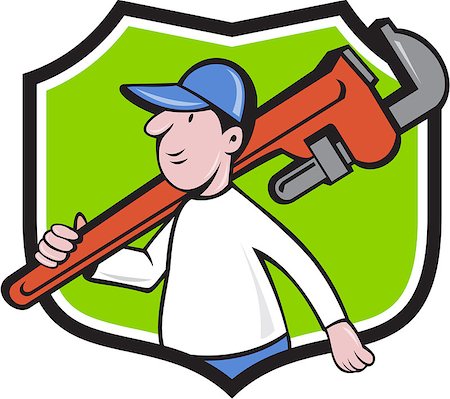 simsearch:400-08623953,k - Illustration of a plumber holding monkey wrench on shoulder walking viewed from side set inside shield crest on isolated background done in cartoon style. Foto de stock - Super Valor sin royalties y Suscripción, Código: 400-08652135