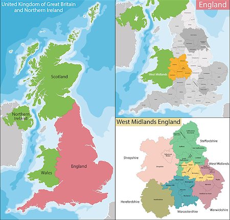 simsearch:400-08652435,k - Map of the subdivisions of England with the West Midlands that is one of nine official regions Stock Photo - Budget Royalty-Free & Subscription, Code: 400-08652435