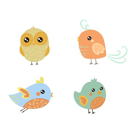 Four Cute Bird Chicks Set Of Isolated Childish Style Simple Shape Design Vector Icons On White Background Stock Photo - Budget Royalty-Free & Subscription, Code: 400-08652517