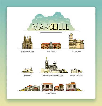 european city outline - Set of the Marseille, France, the most famous travel destinations and buildings Stock Photo - Budget Royalty-Free & Subscription, Code: 400-08652829