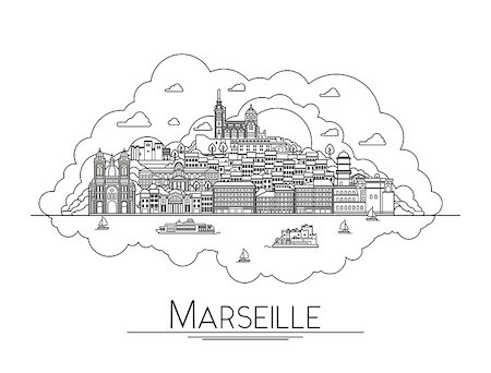 simsearch:6129-09057817,k - Set of the Marseille, France, the most famous travel destinations city streets, cathedrals and buildings in one illustration Foto de stock - Super Valor sin royalties y Suscripción, Código: 400-08652831