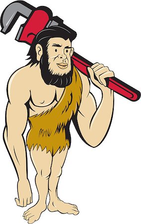paleolithic - Illustration of a neanderthal man or caveman plumber holding monkey wrench on shoulder set on isolated white background done in cartoon style. Stock Photo - Budget Royalty-Free & Subscription, Code: 400-08652874