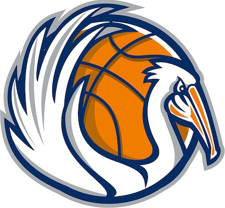 pélican blanc - Illustration of a pelican showing its wings with basketball in the background viewed from the side done in retro style. Photographie de stock - Aubaine LD & Abonnement, Code: 400-08652904