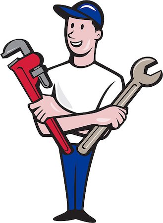 person holding monkey wrench - Illustration of a repairman handyman worker wearing hat standing holding spanner and monkey wrench looking to the side viewed from front set on isolated white background done in cartoon style. Stock Photo - Budget Royalty-Free & Subscription, Code: 400-08652925