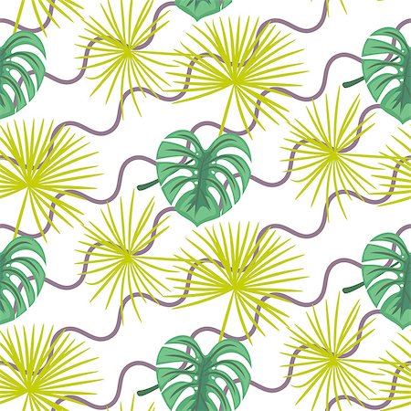 simsearch:400-08116620,k - Monstera tropic plant leaves green seamless pattern on purple zig zag waves. Exotic nature pattern for fabric, wallpaper or apparel. Stock Photo - Budget Royalty-Free & Subscription, Code: 400-08653276