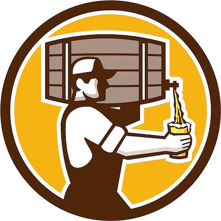 Illustration of bartender carrying keg on shoulder pouring beer from keg viewed from the side set inside circle done in retro style. Stock Photo - Budget Royalty-Free & Subscription, Code: 400-08653386