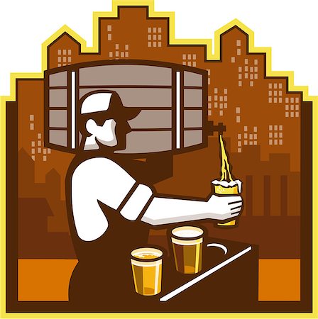 Illustration of bartender carrying keg on shoulder pouring beer from keg viewed from the side with beer glass and beer flight and cityscape buildings in the background done in retro style. Photographie de stock - Aubaine LD & Abonnement, Code: 400-08653388