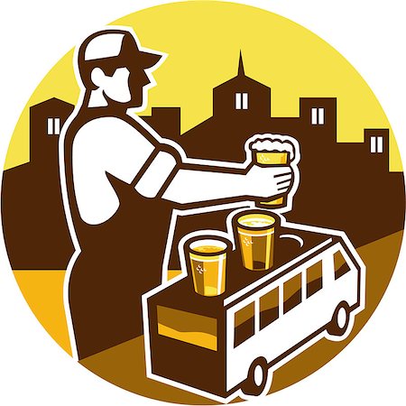 Illustration of bartender holding beer with beer flight on top of van and cityscape buildings in the background viewed from the side set inside circle done in retro style. Stock Photo - Budget Royalty-Free & Subscription, Code: 400-08653409