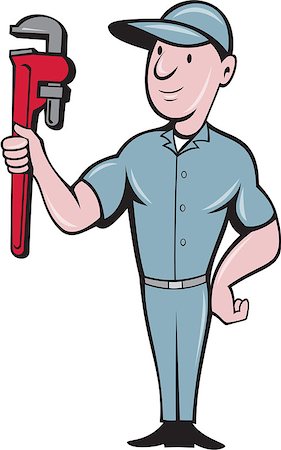 person holding monkey wrench - Illustration of a repairman handyman worker wearing hat standing with one hand on hips carrying holding monkey wrench looking to the side viewed from front set on isolated white background done in cartoon style. Stock Photo - Budget Royalty-Free & Subscription, Code: 400-08653426
