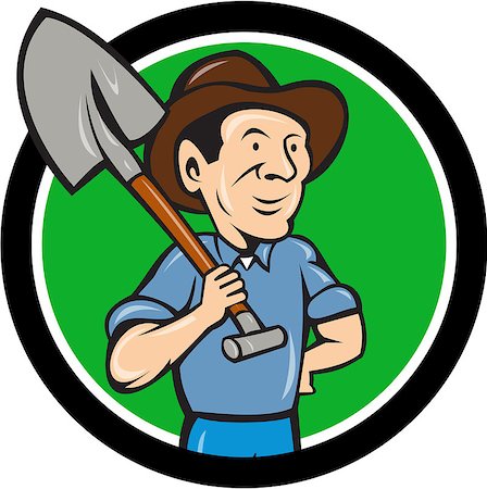 simsearch:400-07422645,k - Illustration of an organic farmer holding shovel on shoulder looking to the side viewed from front set inside circle done in cartoon style. Photographie de stock - Aubaine LD & Abonnement, Code: 400-08653421