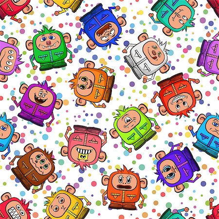 simsearch:400-08752377,k - Seamless Background for Your Design with Cartoon Monsters in Overalls with Different Faces and Emotions, Colorful Tile Pattern with Cute Funny Characters. Vector Stockbilder - Microstock & Abonnement, Bildnummer: 400-08653581