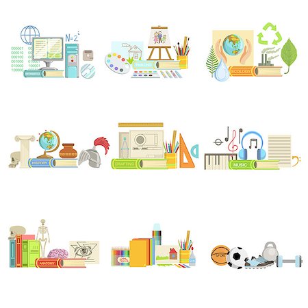physical education - Different School Classes And Sciences Related Objects Cmpositions. Simple Childish Flat Colorful Illustration On White Background Photographie de stock - Aubaine LD & Abonnement, Code: 400-08653594
