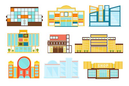 simsearch:400-04968322,k - Shopping Mall Buildings Exterior Design Set Of Flat Simplified Bright Color Icons Isolated On White Background Stock Photo - Budget Royalty-Free & Subscription, Code: 400-08653706