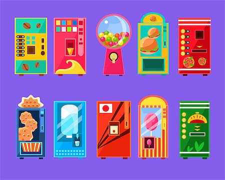 simsearch:400-08653723,k - Food And Drink Vending Machines Design Set In Primitive Bright Cartoon Flat Vector Style Isolated On Blue Background Stock Photo - Budget Royalty-Free & Subscription, Code: 400-08653722