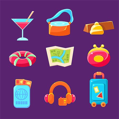 simsearch:400-09115085,k - Travel Related Objects Colorful Simplified Flat Cartoon Vector Icons Isolated On Dark Bckground Foto de stock - Royalty-Free Super Valor e Assinatura, Número: 400-08653732