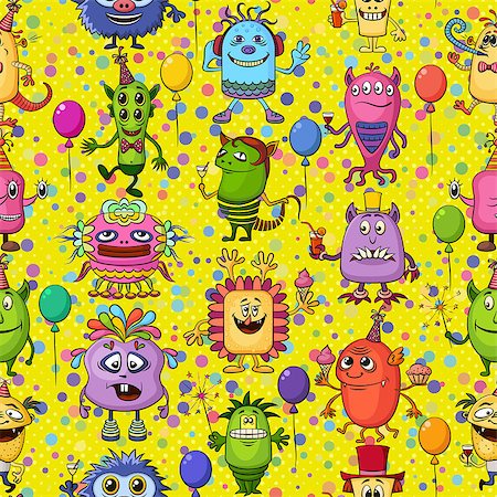 simsearch:400-08752377,k - Seamless Background for Your Holiday Party Design with Different Cartoon Monsters, Colorful Tile Pattern with Cute Funny Characters, Feasting with Balloons, Sparklers and Cocktails. Vector Stockbilder - Microstock & Abonnement, Bildnummer: 400-08653769