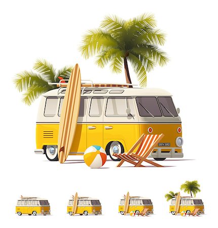 Detailed icons representing yellow vintage hippie or surfer van with surfboards and deck chair on the beach Stock Photo - Budget Royalty-Free & Subscription, Code: 400-08653777