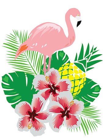 vector illustration of a flamingo with tropical flowers and pineapple Foto de stock - Super Valor sin royalties y Suscripción, Código: 400-08653808
