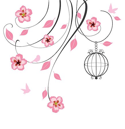 drawing and bird cage - vector illustration of floral swirls with cherry flowers and bird cage Stock Photo - Budget Royalty-Free & Subscription, Code: 400-08653800