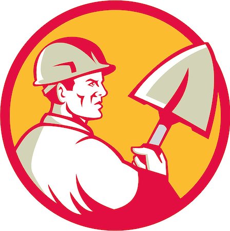 simsearch:400-07747598,k - Illustration of a construction worker wearing hard hat holding spade viewed from side set inside circle done in retro style. Photographie de stock - Aubaine LD & Abonnement, Code: 400-08653854