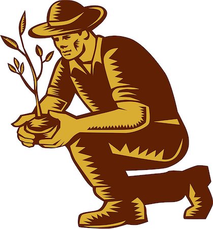 Illustration of an organic farmer wearing hat planting tree plant viewed from side on isolated white background done in retro woodcut style. Stock Photo - Budget Royalty-Free & Subscription, Code: 400-08653861