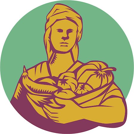 simsearch:400-07422645,k - Illustration of a female organic farmer carrying basket full of vegetables fruits harvest wearing turban bandana viewed from front set inside circle on isolated background done in retro woodcut style. Photographie de stock - Aubaine LD & Abonnement, Code: 400-08653881