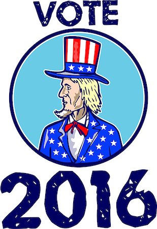 Illustration of Uncle Sam wearing hat and suit with stars and stripes American flag looking to the side set inside circle on isolated background done in retro style with the word Vote 2016. Stock Photo - Budget Royalty-Free & Subscription, Code: 400-08653909