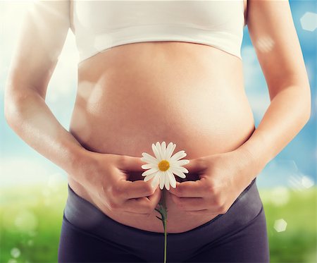 simsearch:400-07557771,k - Pregnant woman with daisy on nature background Photographie de stock - Aubaine LD & Abonnement, Code: 400-08668642