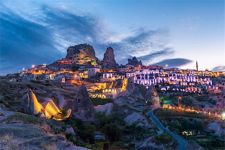 Ancient town and a castle of Uchisar dug from a mountains after twilight, Cappadocia, Turkey Stock Photo - Budget Royalty-Free & Subscription, Code: 400-08668776