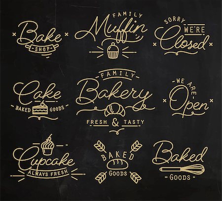 retro baking - Flat bakery symbols in vintage style drawing with gold lines on chalkboard background Stock Photo - Budget Royalty-Free & Subscription, Code: 400-08668939