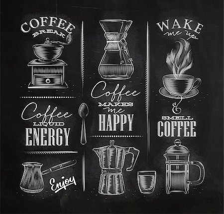 Set of coffee symbols lettering drawing chalk in vintage style on chalkboard Stock Photo - Budget Royalty-Free & Subscription, Code: 400-08669093