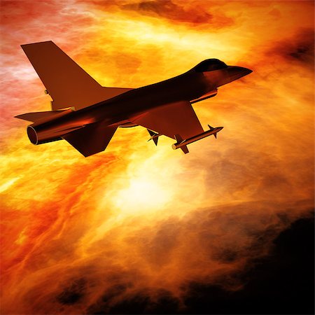 simsearch:400-04270337,k - Fighter jet loaded with missiles flying against a blue sky Foto de stock - Super Valor sin royalties y Suscripción, Código: 400-08669845